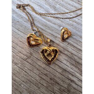 Gold-Tone Heart Pendant Necklace & Earrings Set With Red Gemstones By Danbury Mi